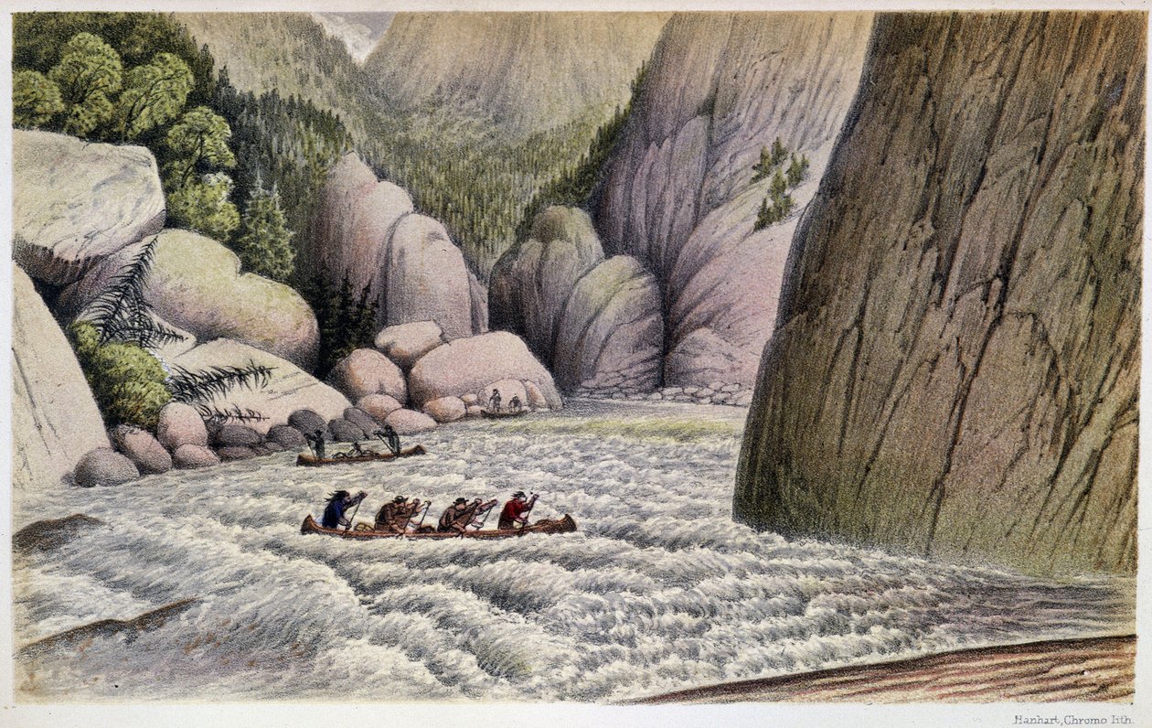 Homens em Canoagem Descendente Rapids: "An escape at the fourth rapid" - in "Exploration of the Labrador Peninsula" by Hind, London de Unknown artist