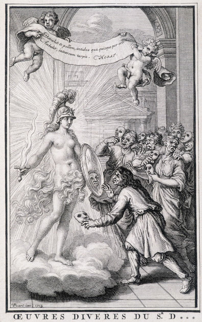 Homens a olharem-se a si próprios sem as suas máscaras em frente ao espelho da alegoria da verdade. Gravura do século XVIII. de Unknown artist