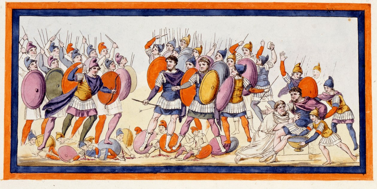 Menelas (à direita), um guerreiro grego acaba de ser ferido por uma flecha de um aliado dos troianos. A Ilíada, canção IV. Gravura do final do século XVIII. de Unknown artist