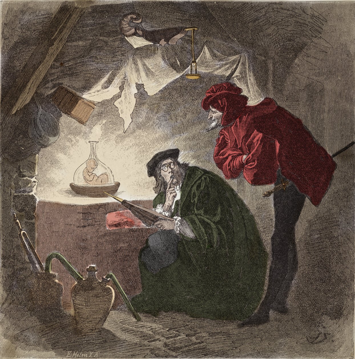 Mephistopheles (Mephisto) a Faust Illustration de "Faust" de Johann Wolfgang von Goethe (1749-1832) (Ilustração para "faust" de Goethe) Gravura de Unknown artist