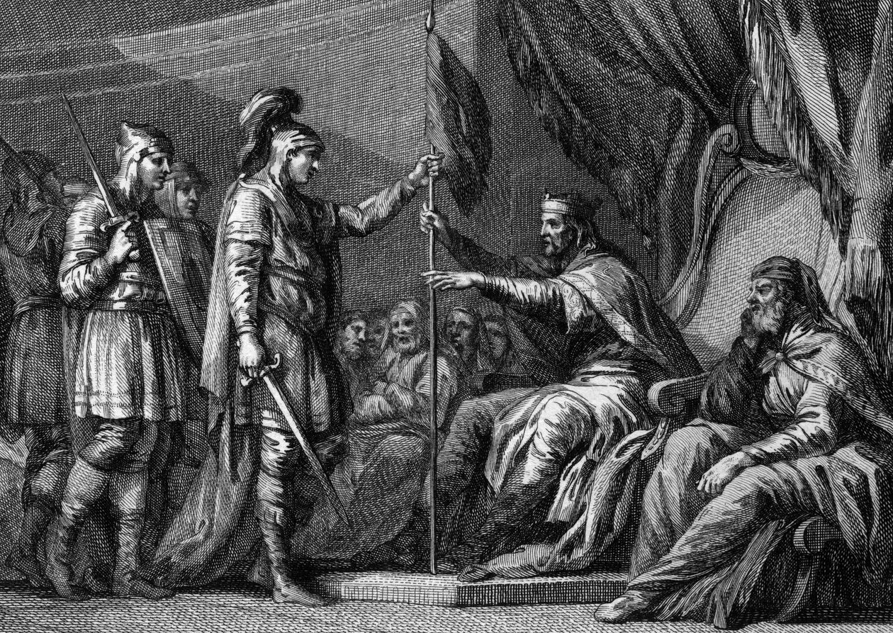Período merovíngio: um prefeito do palácio (dignitário do reino) fez o juramento antes de tomar posse. Ele jura aos eveques e senhores da região manter os seus respectivos direitos. Gravura do século XVIII. de Unknown artist