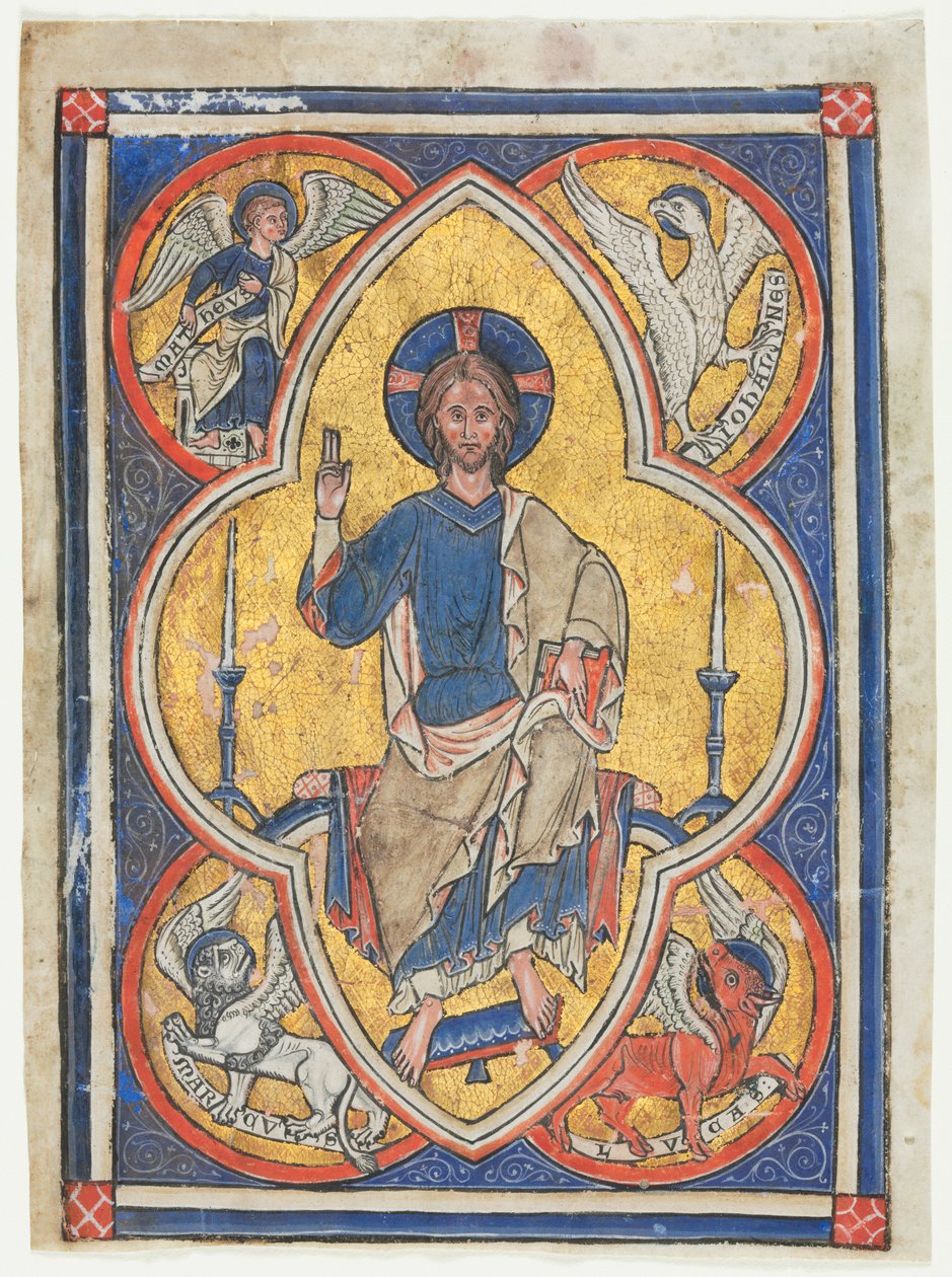 Miniatura extirpada de um saltério: Cristo em majestade com símbolos dos quatro evangelistas de Unknown artist
