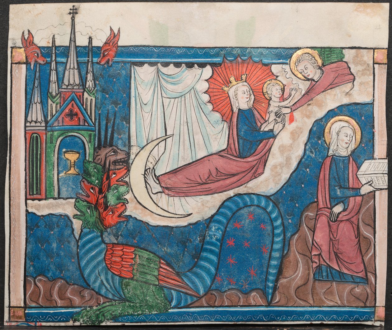 Miniatura de um Manuscrito do Apocalipse: A Mulher Vestida de Sol e A Guerra no Céu de Unknown artist