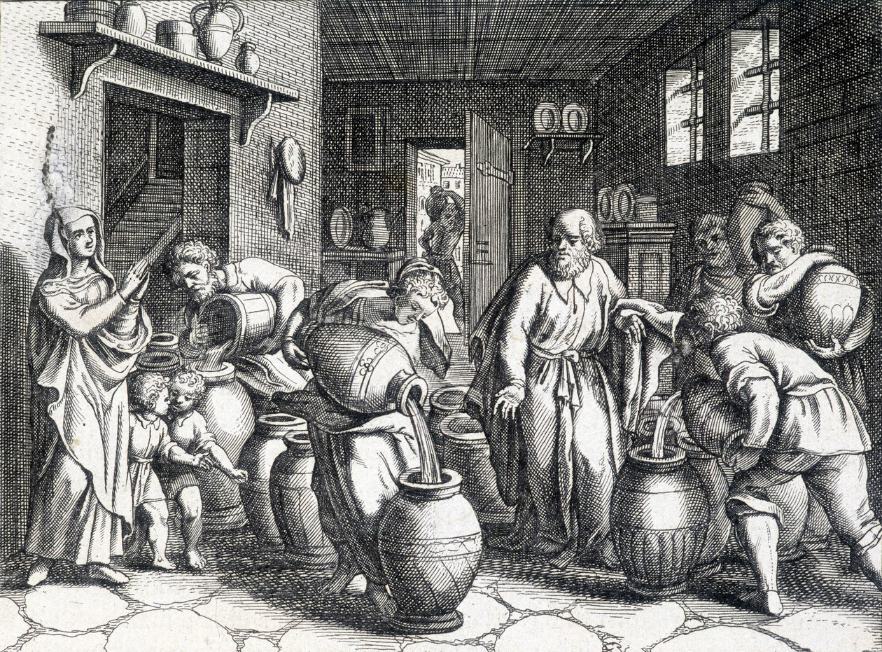 Milagre de Eliseu, profeta bíblico e discípulo de Elias que, com o seu manto, lhe transmite o seu espírito e poderes. Gravura de 1724. de Unknown artist