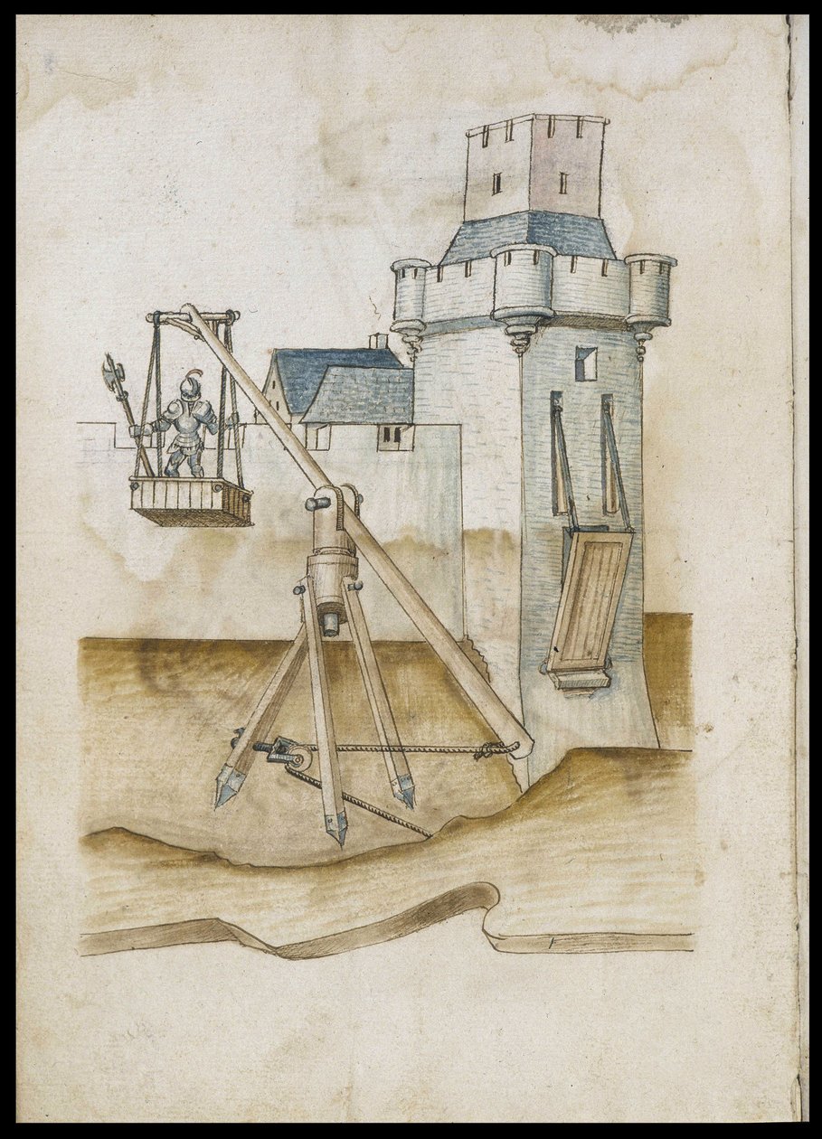 Sistema de passagem do fosso por alavanca - Manuscrito: folha de pergaminho de um manual de engenheiro para a construção de edifícios civis, religiosos e militares, anónimo, final do século XV (figura em tinta chinesa) de Unknown artist