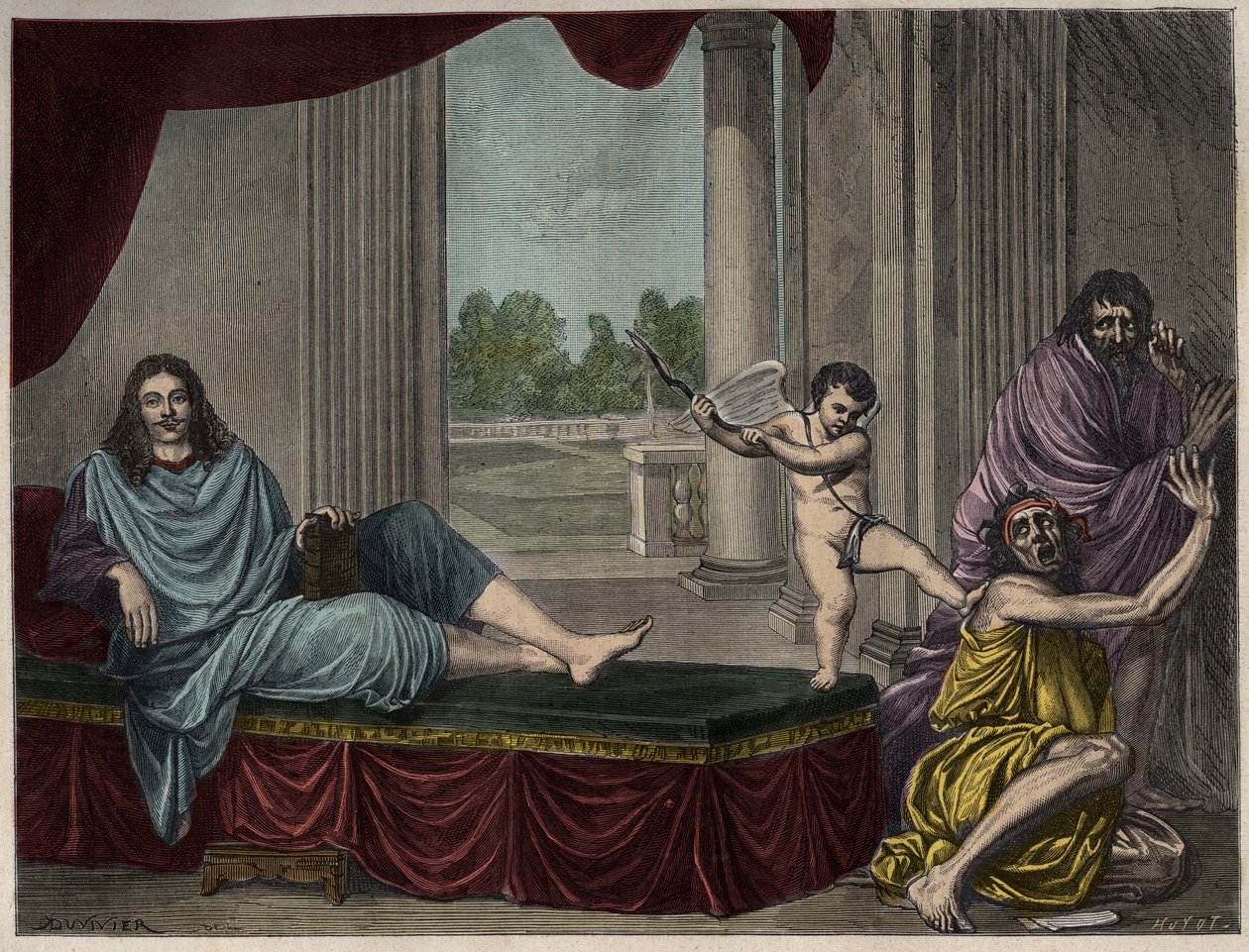 Moliere Jean Baptiste Poquelin (1622-1673) evocando o Génio da comédia para derrubar o vício e acabar com a hipocrisia - Gravura depois de uma pintura que desapareceu do século XVII de Unknown artist