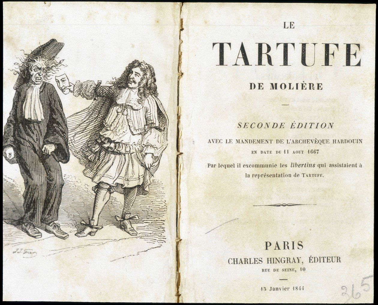 Moliere assustando um eclesiástico usando uma máscara de teatro - Frontispice du "Tartuffe" (Tartufe) de Molière, ed. Hingray, Paris de Unknown artist