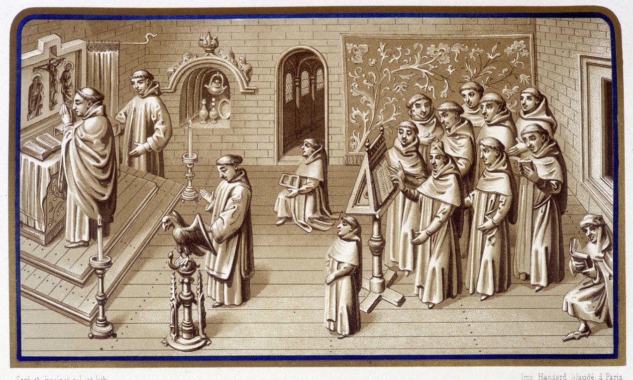 Monges em uma capela do mosteiro: oração e coro. Grisaille dos Milagres de Nossa Senhora. Cromolitografia. Século XIX de Unknown artist