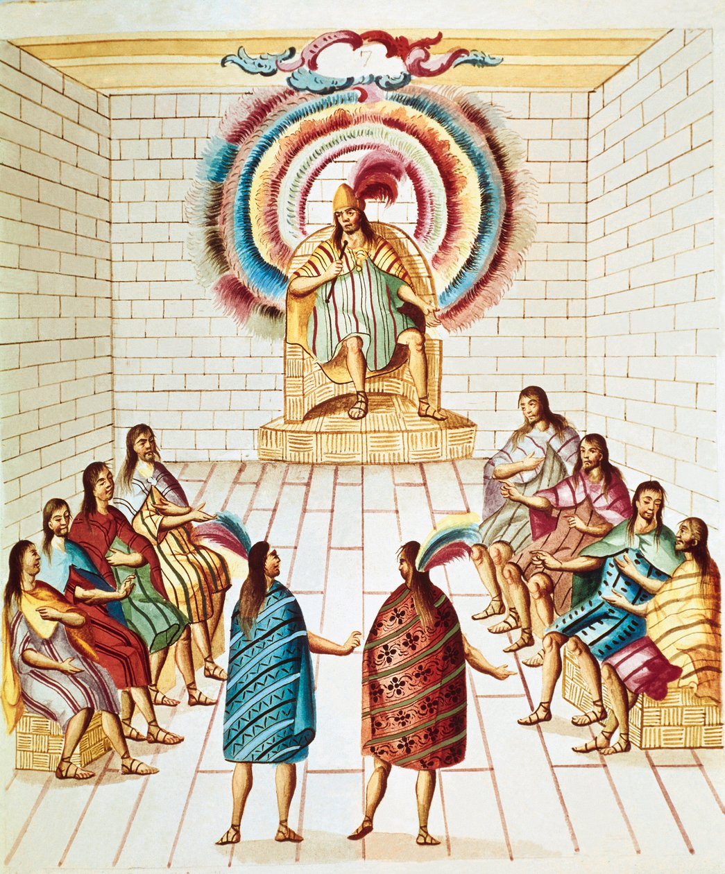 Montezuma (ou Moctezuma II), imperador asteca (1466-1520) e seu conselho Aquarela tirada do "Teatro de la Nueva Espana" de Diego Garcia Panes (1730-1811) Cidade do México, Biblioteca Nacional de Unknown artist