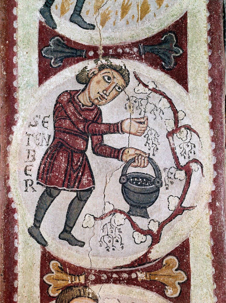 Ciclo do mês: Setembro (colheita). Pormenor de um fresco do século XII do Panteão Real da Real Colegiata de San Isidoro (Real Collegiale de Saint Isidore). Leão. de Unknown artist