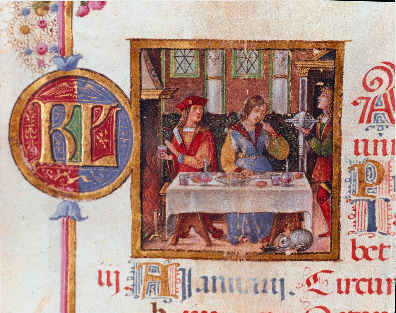 Mês de Janeiro: cena do banquete. Miniatura do Breviário de Hércules (Ercole) I d
