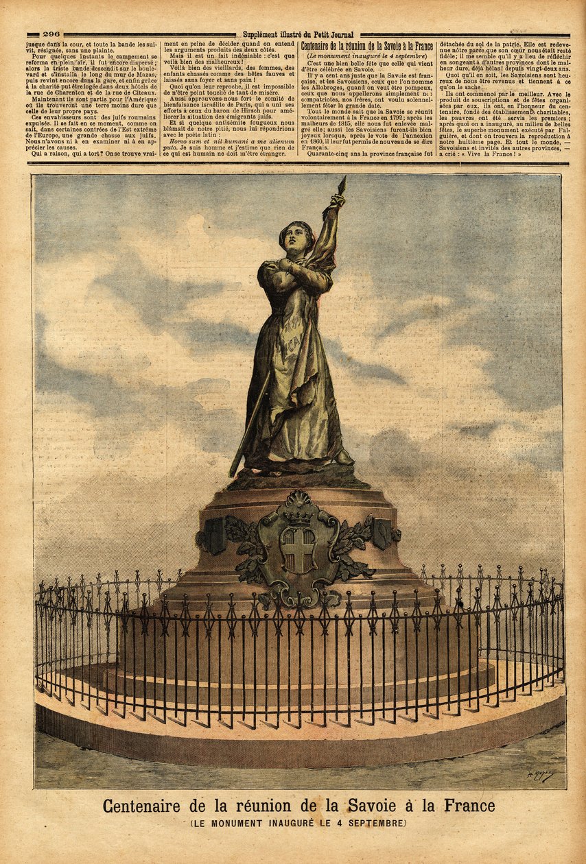 Monumento comemorativo do centenário da ligação da Sabóia à França (1792), do escultor Falguiere, inaugurado em 4 de setembro. Gravura no "Le petit journal" 10/10/1892. Coleção da Selva. de Unknown artist