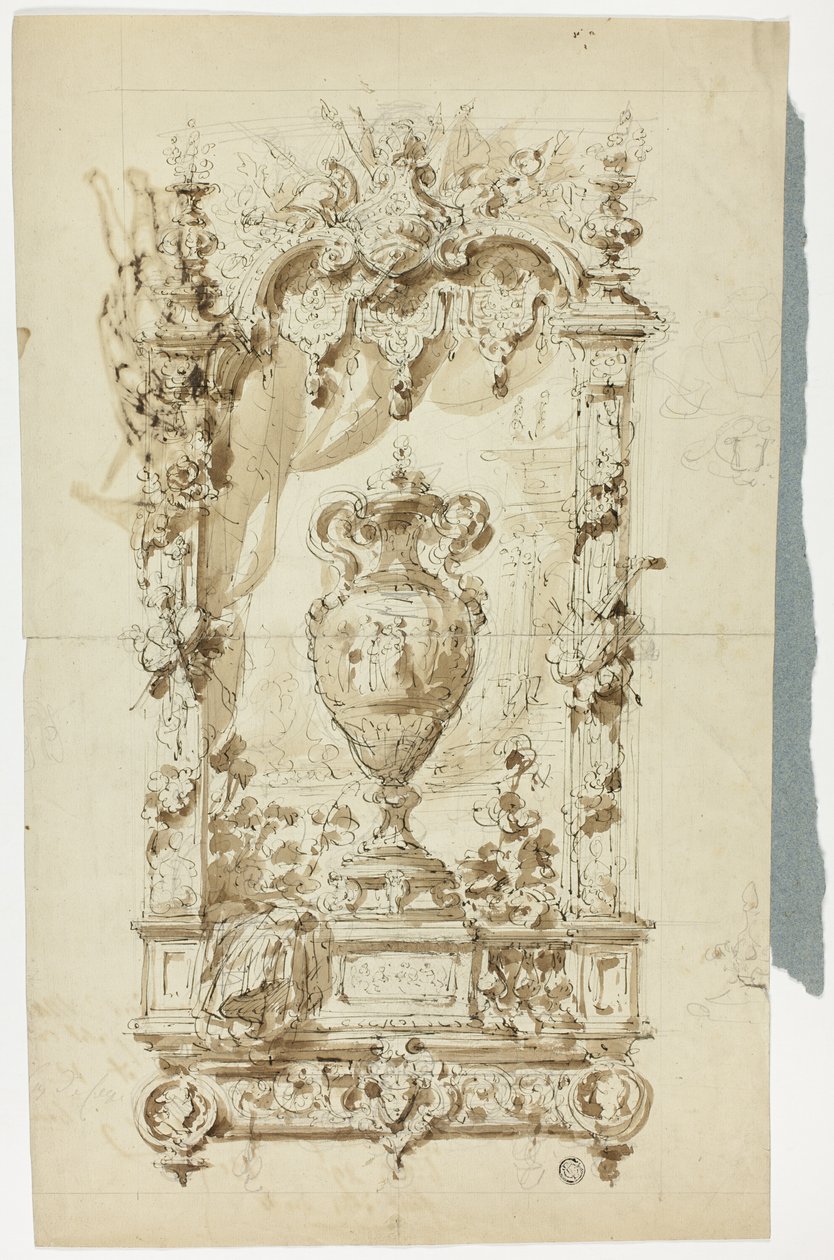 Vaso monumental em moldura ornamental (anverso); esboço de um homem de pé com guarda-sol e papagaio, e estudos arquitectónicos (verso) de Unknown artist