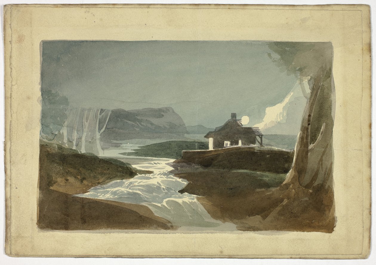 Lua sobre casa de campo junto a uma cascata (frente); torre e casa de cidade com telhado de colmo (verso) de Unknown artist