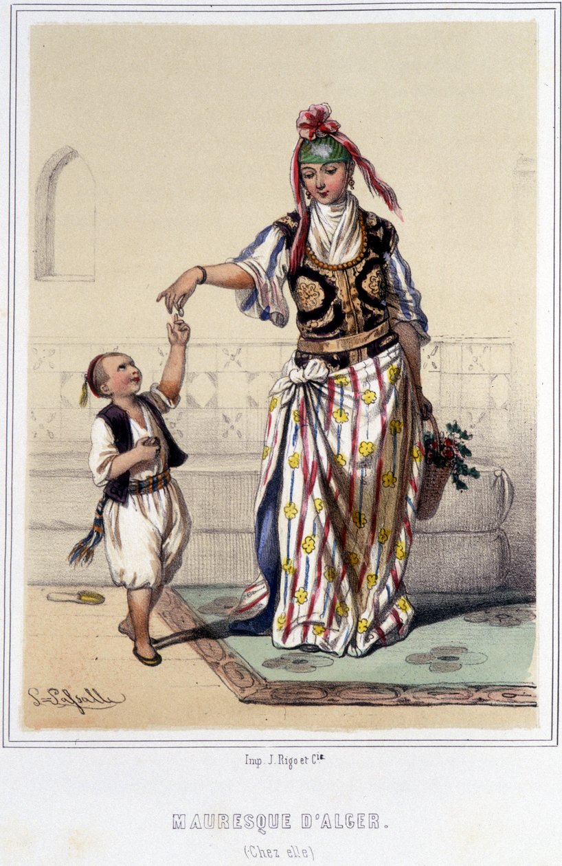 Mulher moura acompanhada por uma criança em casa, em Argel, durante a segunda metade do século XIX. de Unknown artist