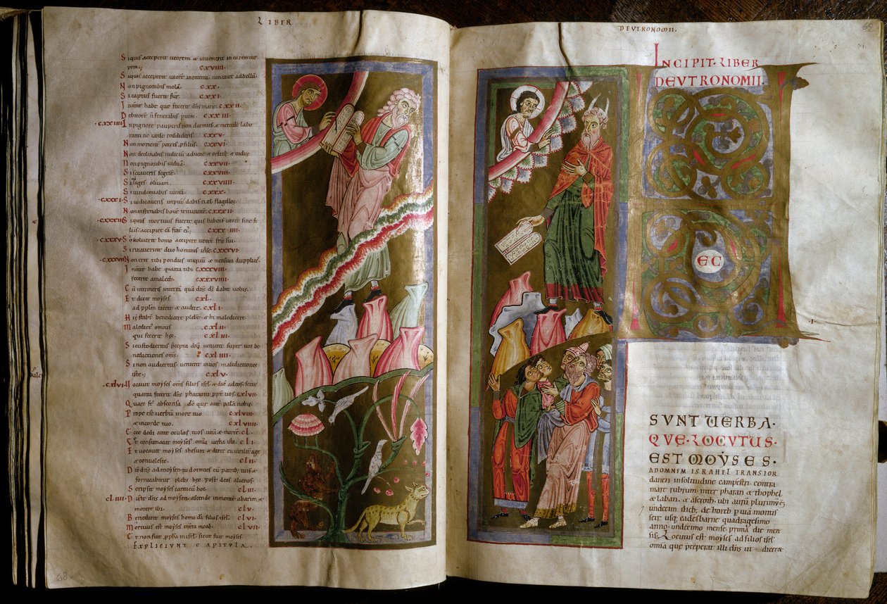 Moisés recebendo as tabelas da lei Página dupla do manuscrito "Gebhardt Bibel" (Admont) (f.68v., 69r) Viena Osterreischische Nationalbibliothek do século XII de Unknown artist