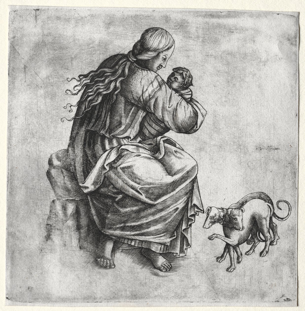Mãe e filho com dois cachorros de Unknown artist