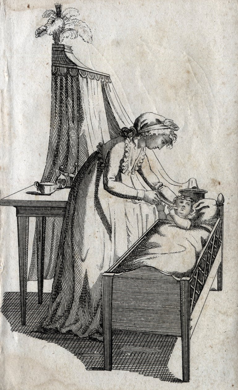 Mãe e bebé num berço. Gravura no final do século XVIII. Colecção privada. de Unknown artist
