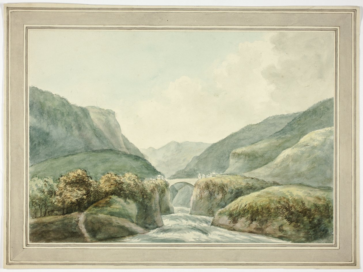 Cidade de montanha com ponte sobre rápidos de Unknown artist