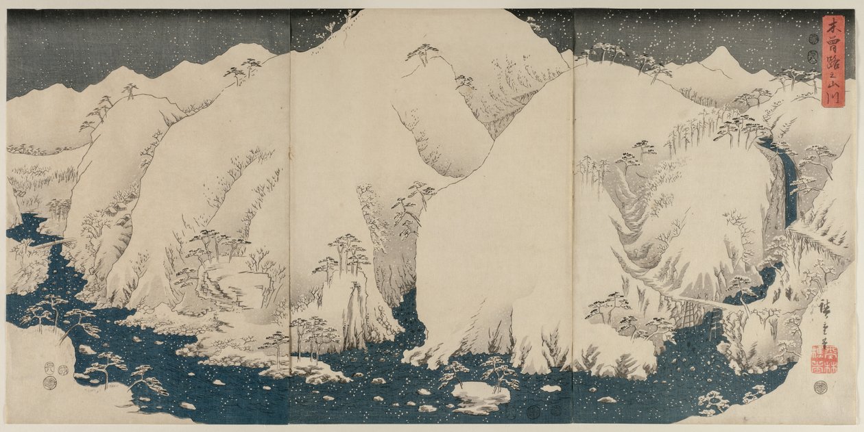 Montanha e rio na estrada de Kiso de Unknown artist