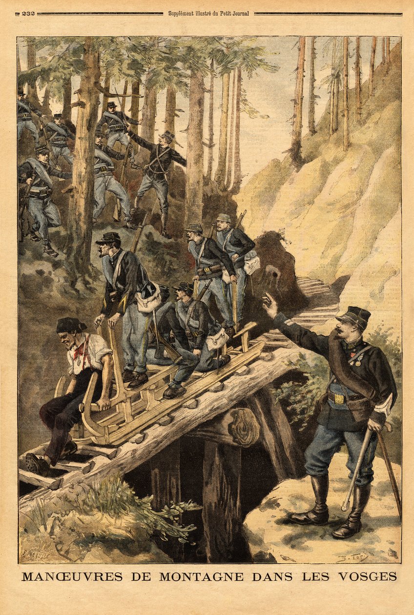 Manobra de montanha nos Vosges de um batalhão de caçadores alpinos com pedido de um schlitte, trenó para abate de árvores. Gravura em "Le petit journal" 19/07/1896. Coleção da Selva. de Unknown artist