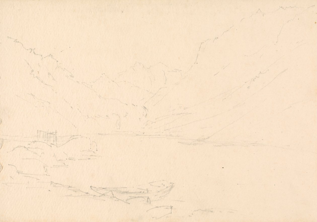 Paisagem montanhosa e lago de Unknown artist