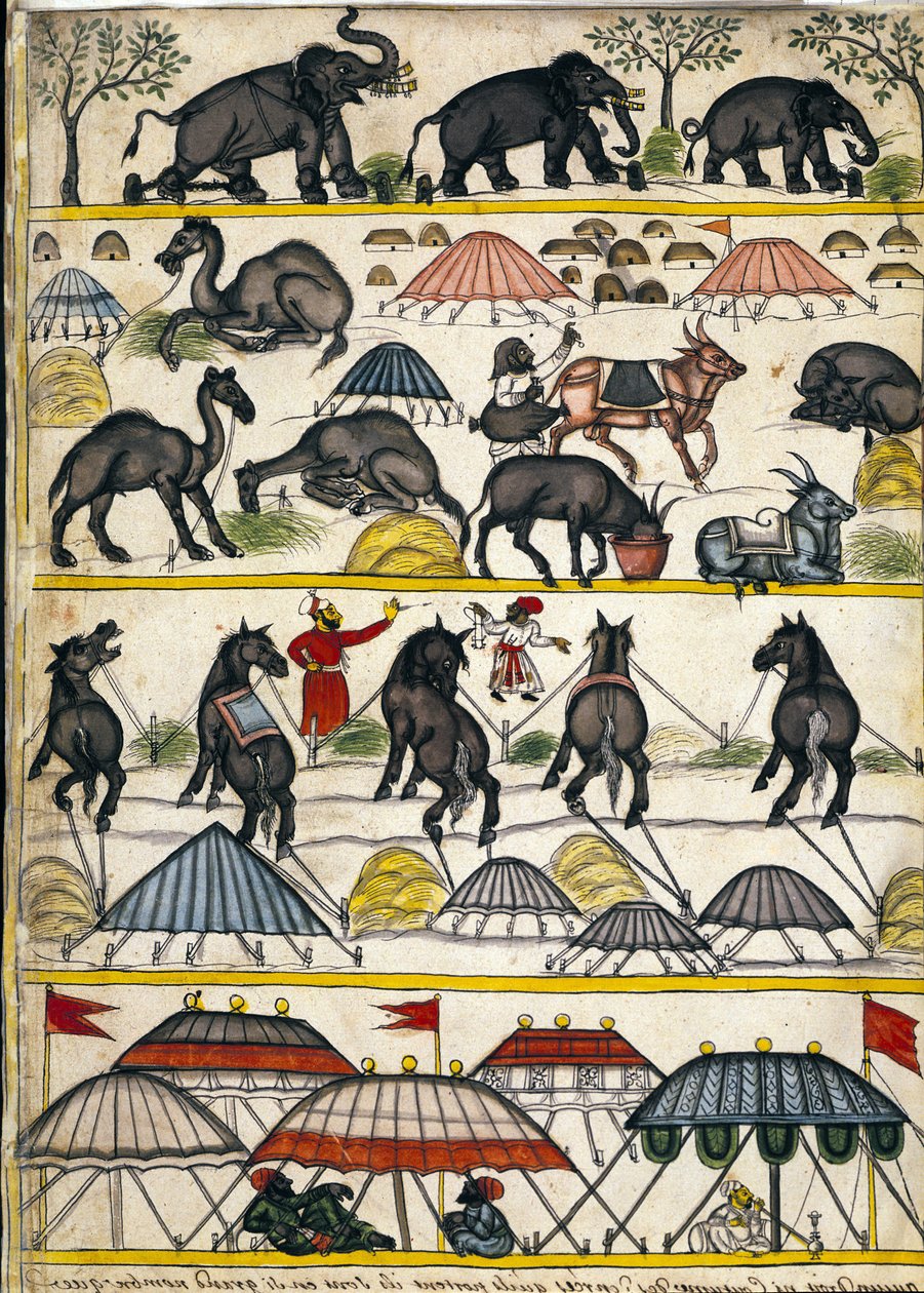 Acampamento militar Mughal. Página do manuscrito (ms.8300) "História de Mogol" (Moghul ou Moghol) de Stefano Nivibus Cardeira. Século XVIII. Bibloteca marciana, Veneza de Unknown artist