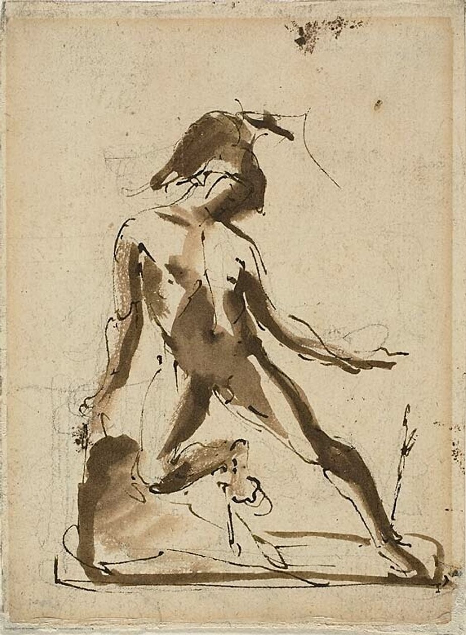 Figura mitológica: Aquiles com pele de leão (frente); esboços de figuras (verso) de Unknown artist