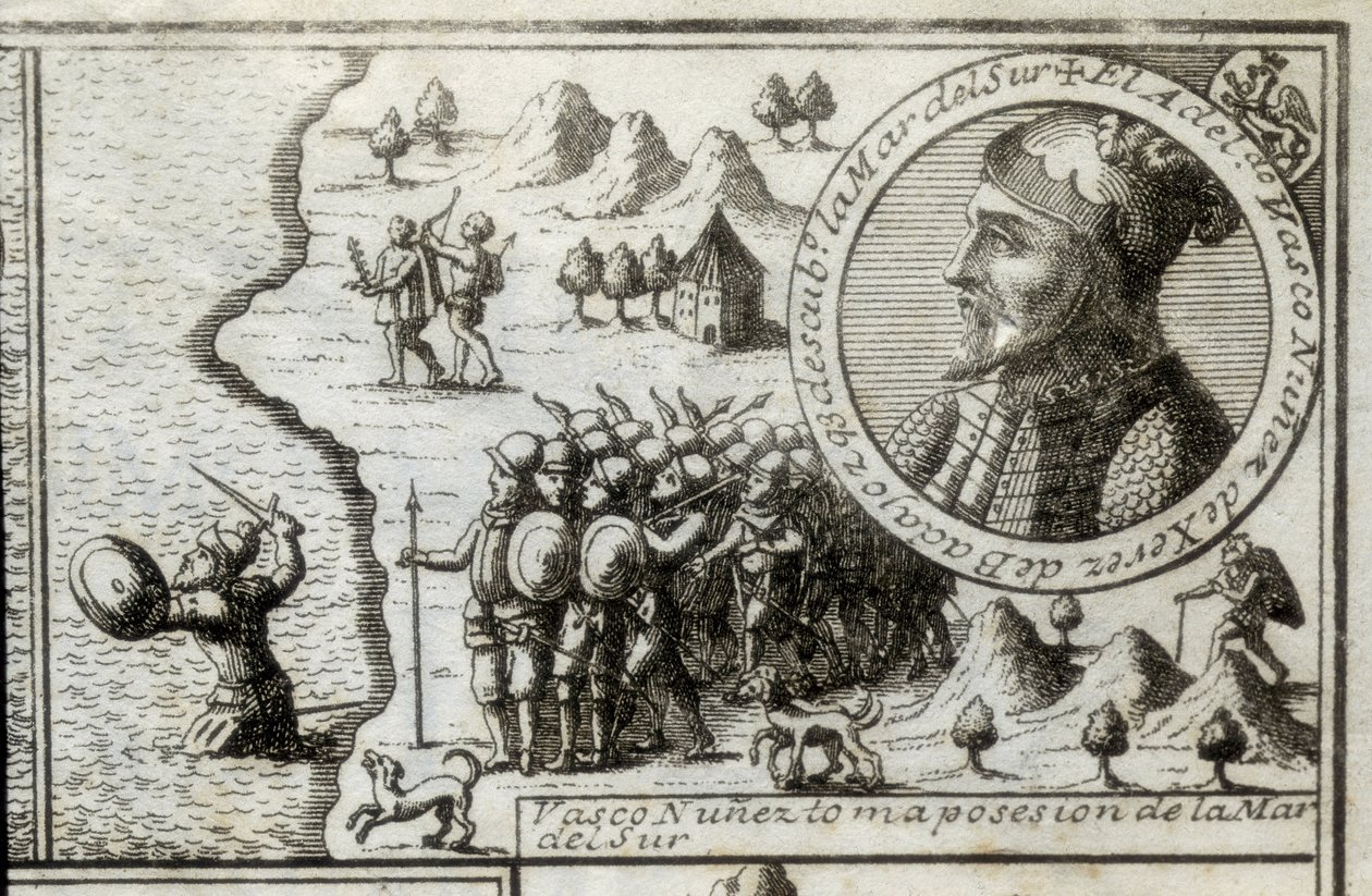 NUNEZ DE BALBOA, Vasco (1475-1517). Descobridor e conquistador inglês. Espanha. Colonização espanhola (1513). Vasco Nunez toma posse do Mar do Sul. Fotografia de 1728. Gravura. de Unknown artist