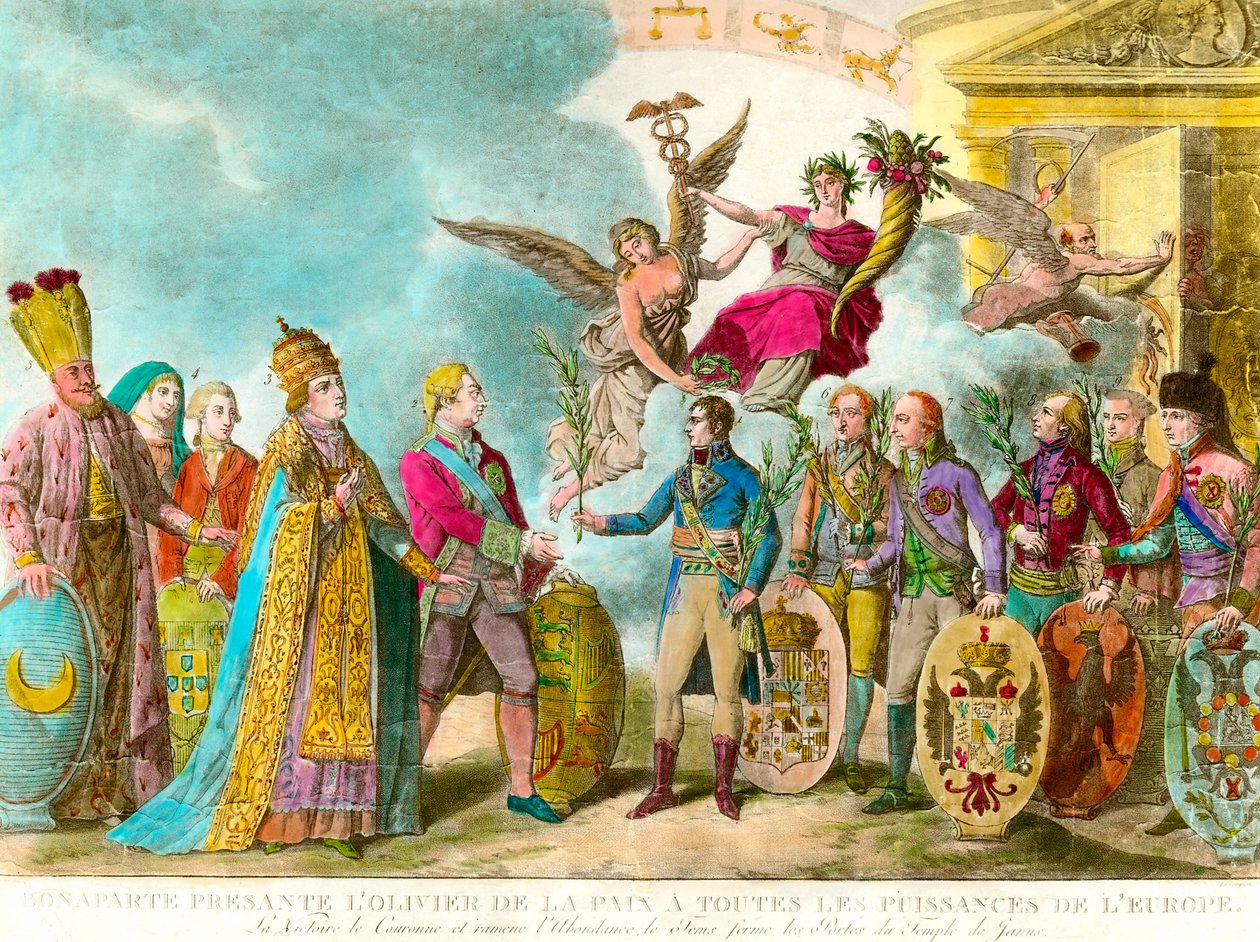 Napoleão Bonaparte (1769-1821) apresenta a oliveira da paz a todas as potências da Europa. Gravura 1801 Colecção privada de Unknown artist