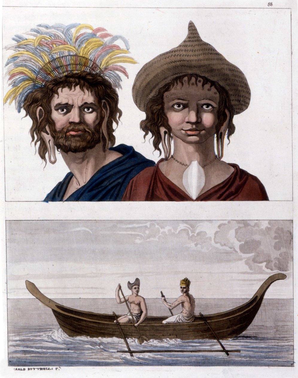 Nativos da Ilha de Páscoa (Rapa Nui) na Polinésia, membros do clã Long Ears. No andar de baixo, um dos seus barcos. - em "The Old and Modern Costume", de Jules Ferrario de Unknown artist