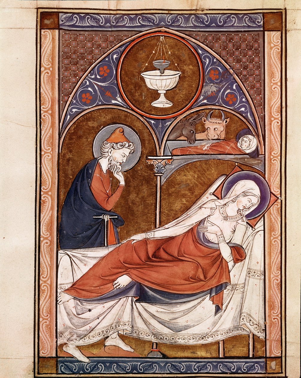 Natividade: a Virgem Maria é aqui representada deitada numa página de cama retirada do manuscrito "Psalterium Cum Calendario" Século XIII Pádua, biblioteca do seminário de Unknown artist