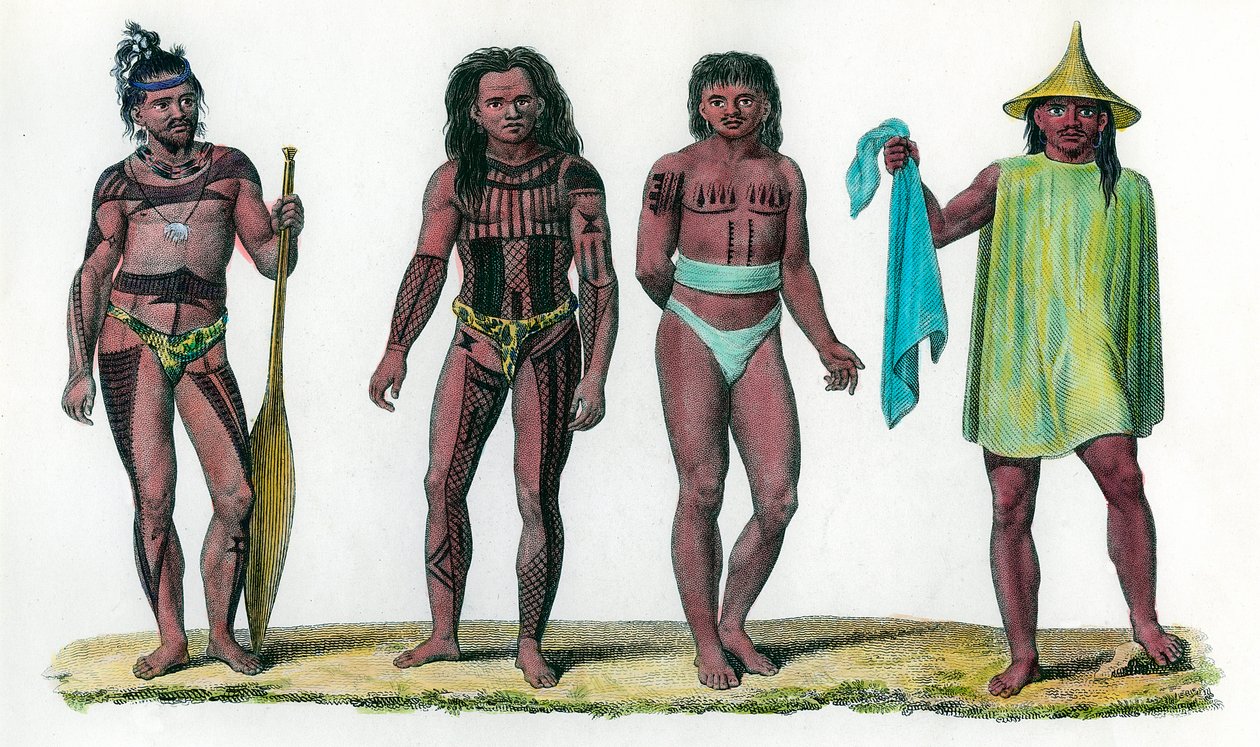 Ilhas naturais de Iros Penelap e Aouara, população do continente oceânico. Gravura do século XVIII. Colecção privada. de Unknown artist