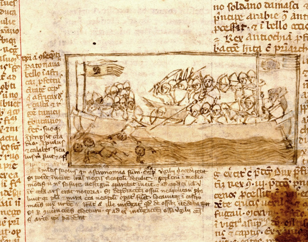 Batalha naval entre Sarracenos e Cruzados em 1120. De acordo com o manuscrito "Peregrinationem in terram sanctam" do século XII. Marciana, Veneza. de Unknown artist