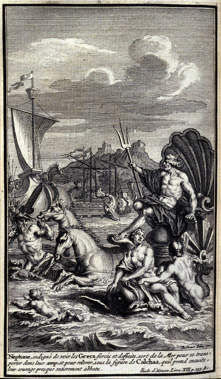 Neptuno, indigno de ver as forças e obras dos gregos, deixa o mar para se transportar para o seu acampamento e para se erguer sob a figura de Calchas que então toma, sua coragem quase totalmente destruída. Ilustração do livro XIII da Ilíada de de Unknown artist
