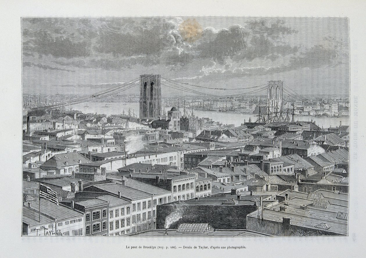 Ponte de Nova Iorque e Brooklyn em construção - em "The World Tour", 2º Sem. 1881 de Unknown artist