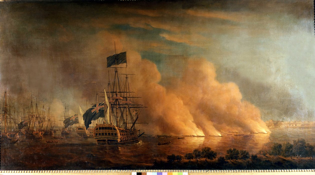 Ataque noturno dos brulots franceses contra a frota inglesa no porto de Quebec: tomado pelos ingleses em 28/06/1759. Pintura. de Unknown artist