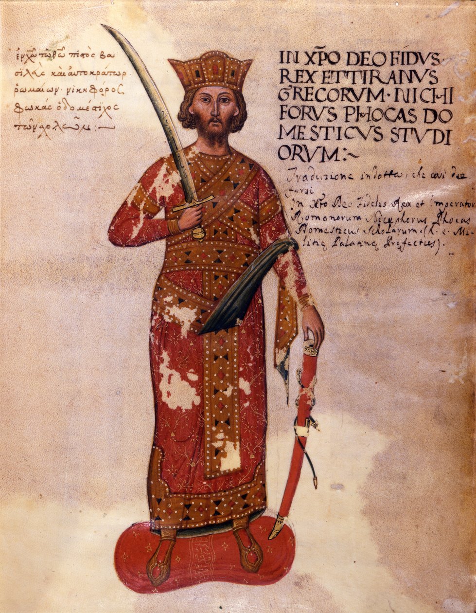Nikephoros II Phokas (Nicephorus II Phocas) Imperador Bizantino de 963 a 969 - Representação de Niceforo II Phocas, Imperador Bizantino (963 a 969). Manuscrito do século XI. Marciana Veneza. de Unknown artist