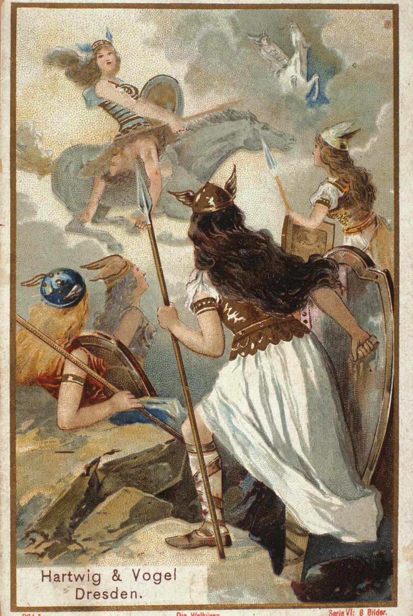 Mitologia nórdica: Os Walkyries (guerreiros virgens) em Valholl (ou Walhalla, Valhalla, Valhalle: lugar onde os bravos guerreiros são trazidos) e a queda dos guerreiros em batalha. chromolithographof do século XIX de Unknown artist