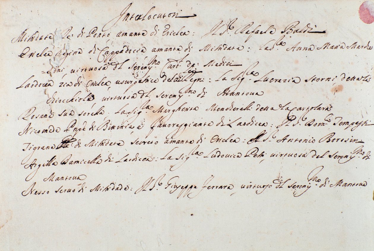 Notas sobre a encenação da ópera Mithridate de Giuseppe Aldrovandini (1706) de Unknown artist