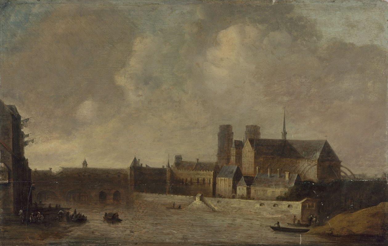 Notre-Dame e o Palácio do Arcebispo, vistos do Quai de la Tournelle, cerca de 1640, atual 4º arrondissement, entre 1635 e 1645 (óleo sobre madeira) de Unknown artist