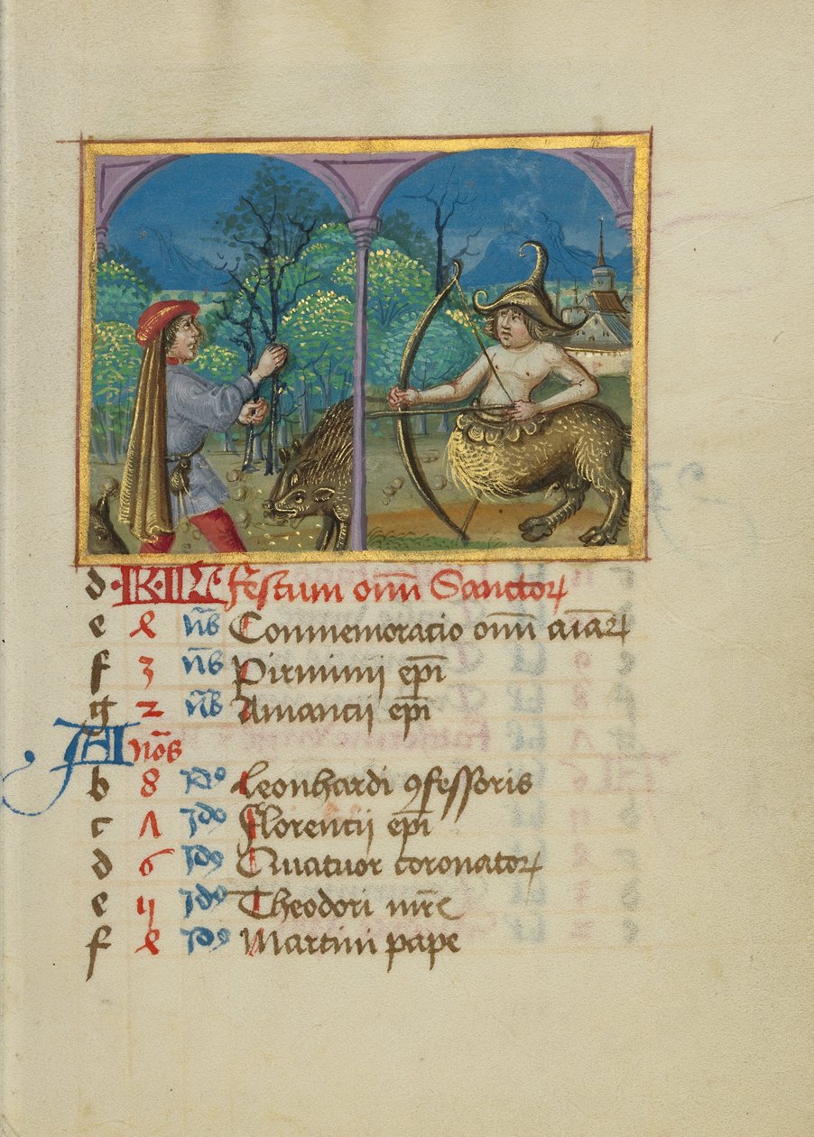 Página do calendário de novembro; Recolha de bolotas para os porcos; Sagitário de Unknown artist