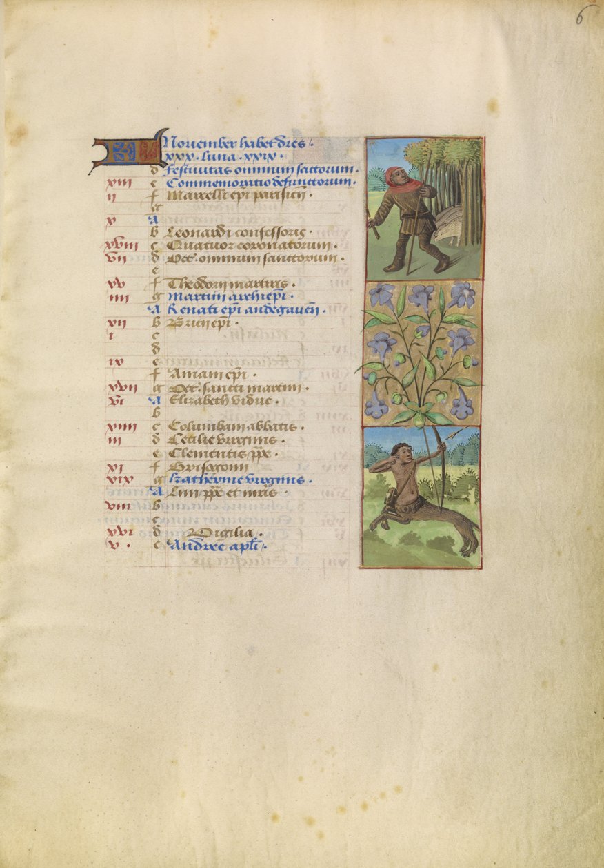 Página do calendário de novembro; Recolha de bolotas para os porcos; Sagitário de Unknown artist
