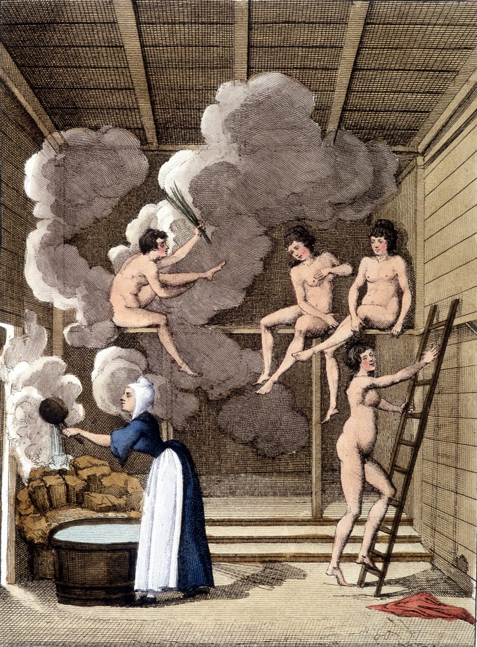 Personagens nuas em uma sauna filandesa. Gravura de 1811 inclui um livro sobre a viagem. de Unknown artist