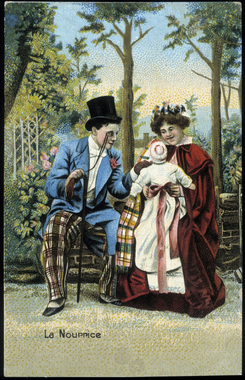 Enfermeira com um bebé a conversar com um homem num parque - chromo, final do século XIX de Unknown artist