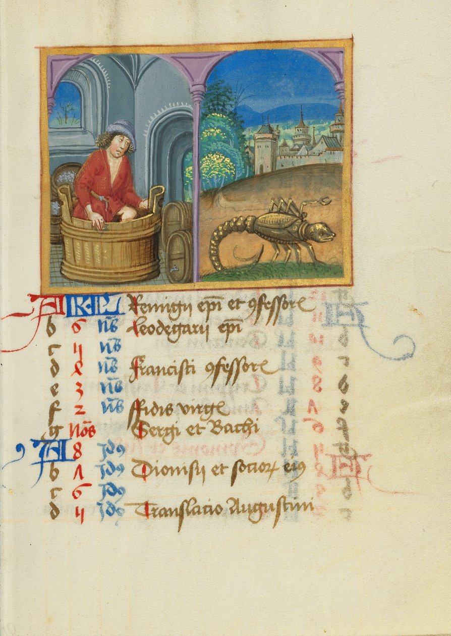 Página do calendário de outubro; Pisando as uvas; Escorpião de Unknown artist