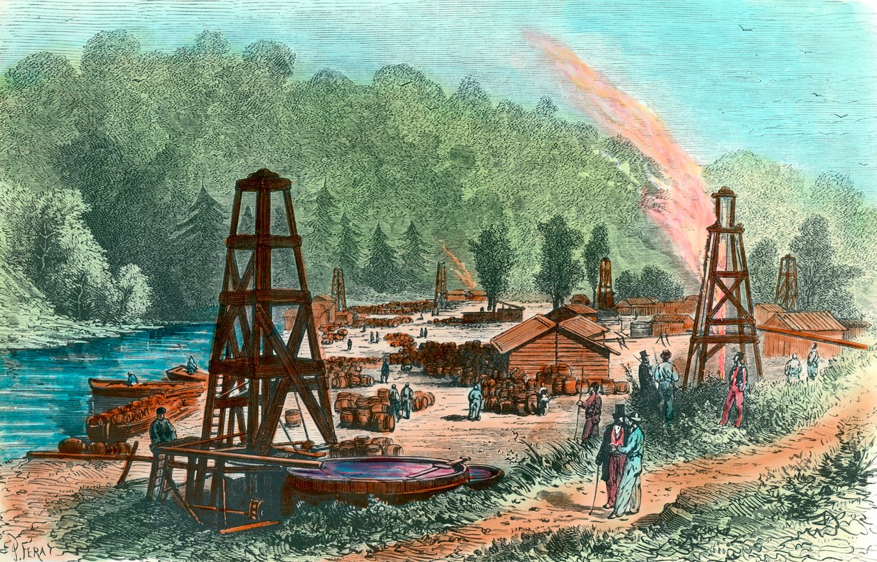 Poços de petróleo na Fazenda Tarr, na Pensilvânia, EUA. Gravura do século XIX. Coleção particular de Unknown artist