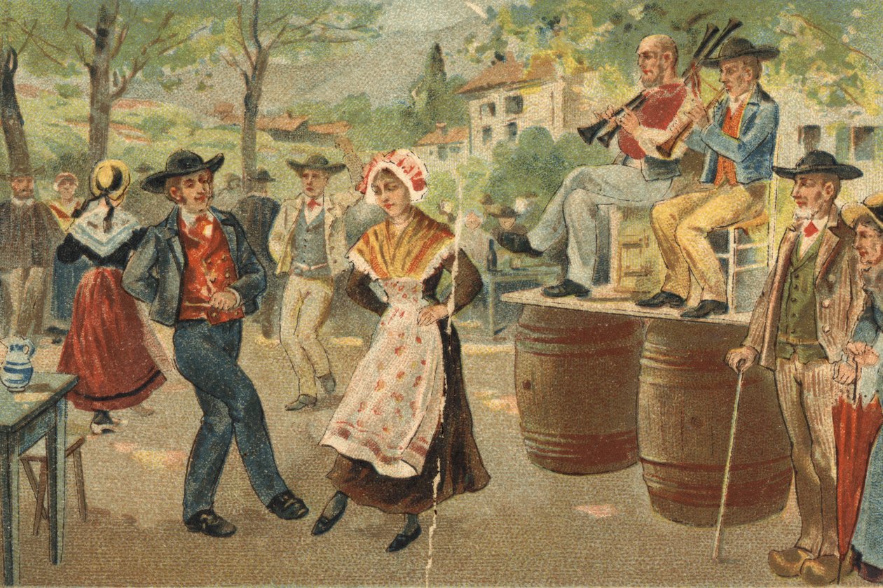 Antigo costume celebrado na região de Auvergne: a bóia durante a festa de São João. Cromolitografia do final do século XIX. de Unknown artist