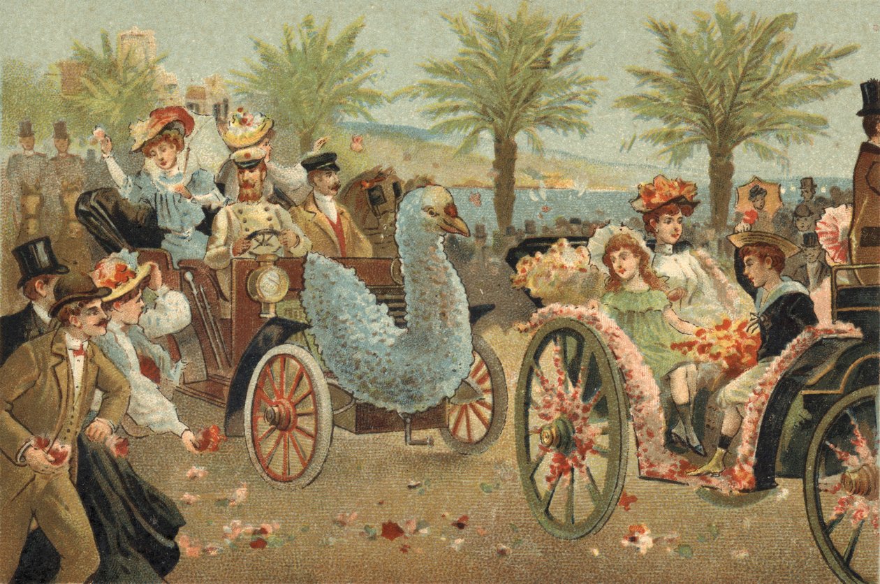 Antigo costume celebrado no condado de Nice: o corso floral em Nice. Cromolitografia do final do século XIX. de Unknown artist