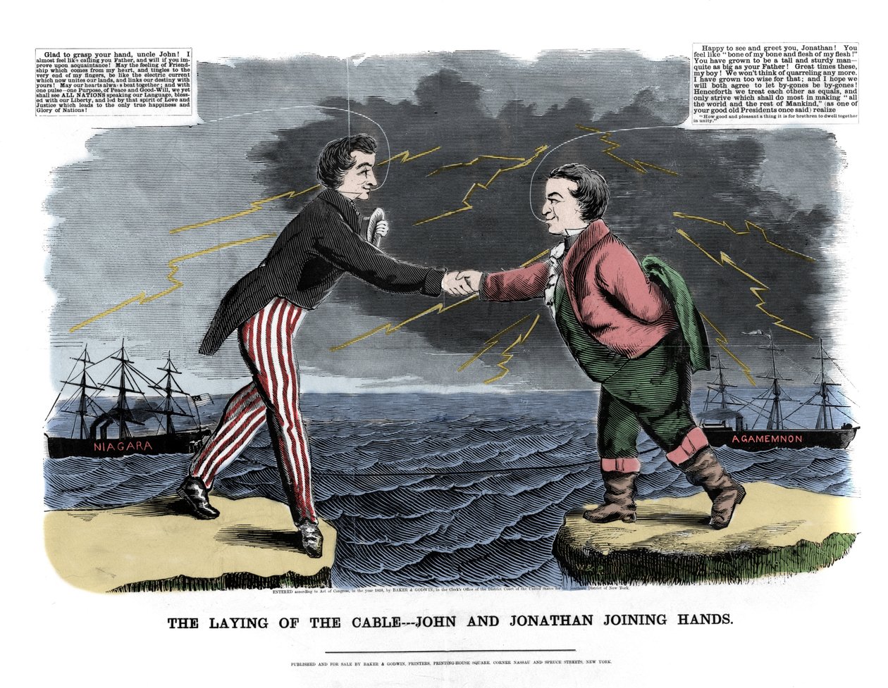 Em 17/08/1858 foi trocada a primeira mensagem transatlântica: duas figuras alegóricas representando John (Inglaterra) e Jonathan (Estados Unidos) felicitaram-se mutuamente pelo sucesso da quebra do cabo submarino entre a Europa e o Novo Mundo. Atrás do de Unknown artist